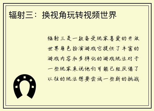 辐射三：换视角玩转视频世界