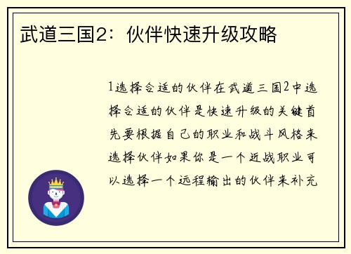武道三国2：伙伴快速升级攻略